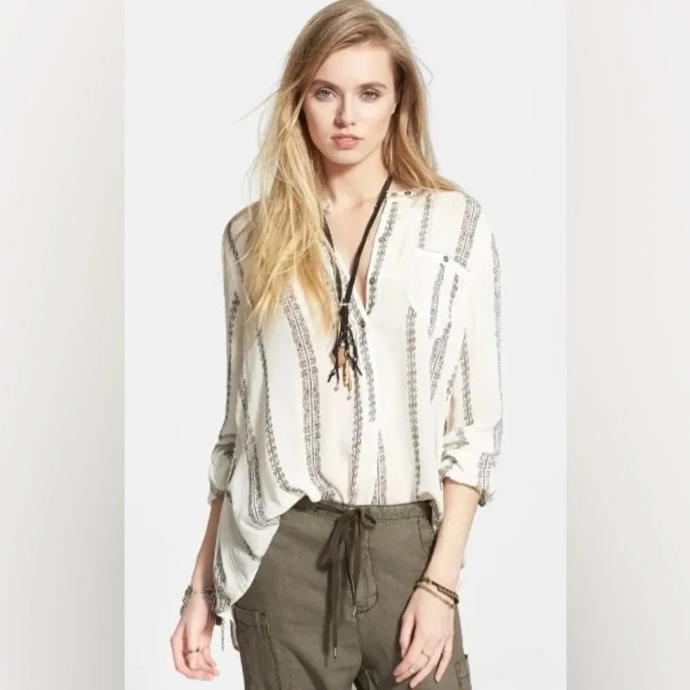 Free People Shibori Magic Long-Sleeve Top Blouse Vanilla Combo Boho Tunic Size L